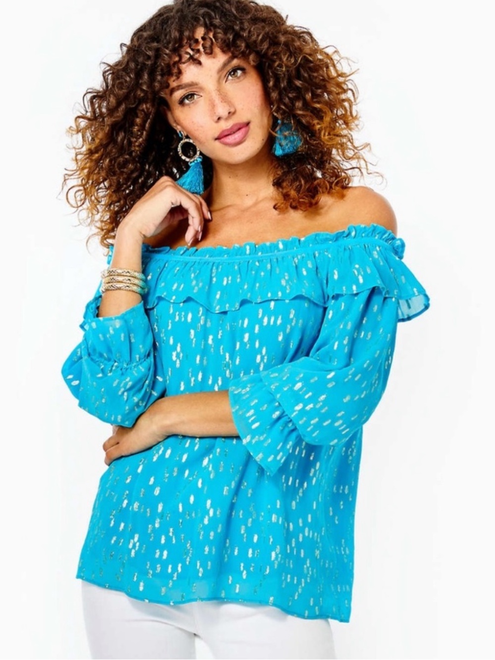 Lilly Pulitzer Turquoise Off-Shoulder Ruffle Top with Metallic Dot Accents XS - Picture 1 of 6